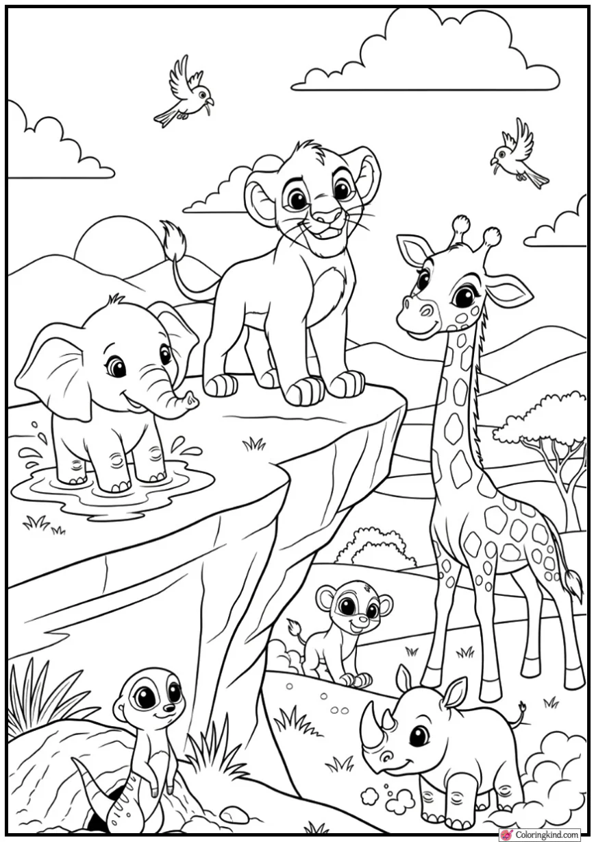Simba on a Cliff with Cute Savannah Animals