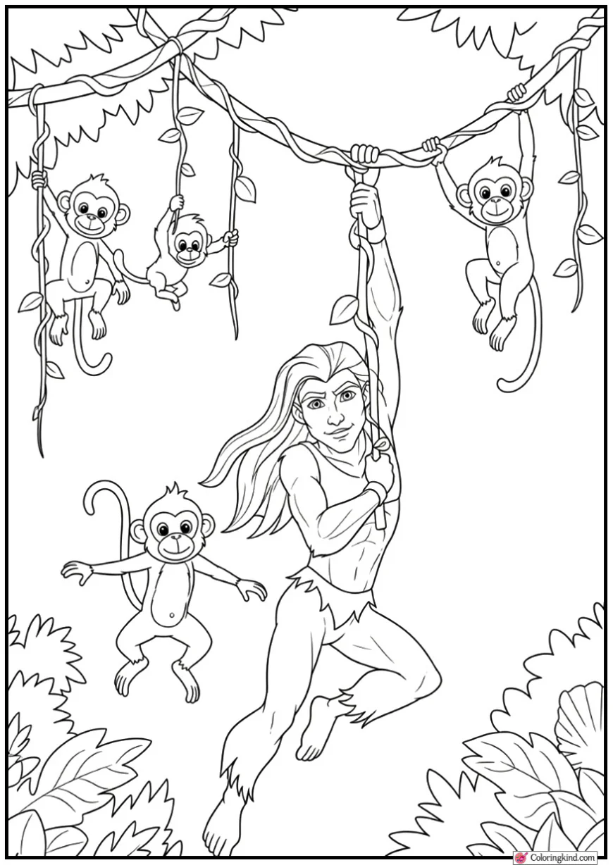 Tarzan Jungle Hero Swinging with Monkeys and Vines