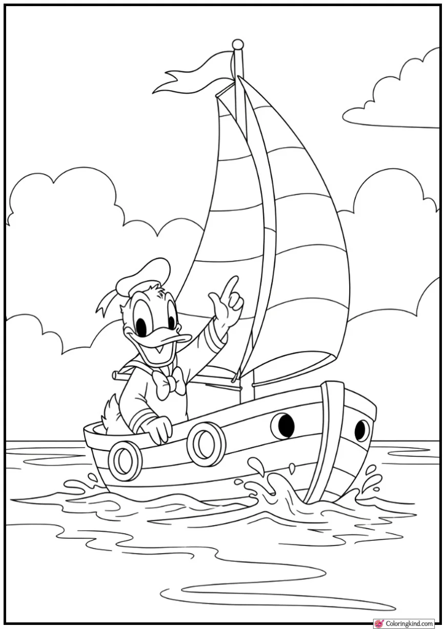 Donald Duck Sailing a Cute Boat on a Calm Lake