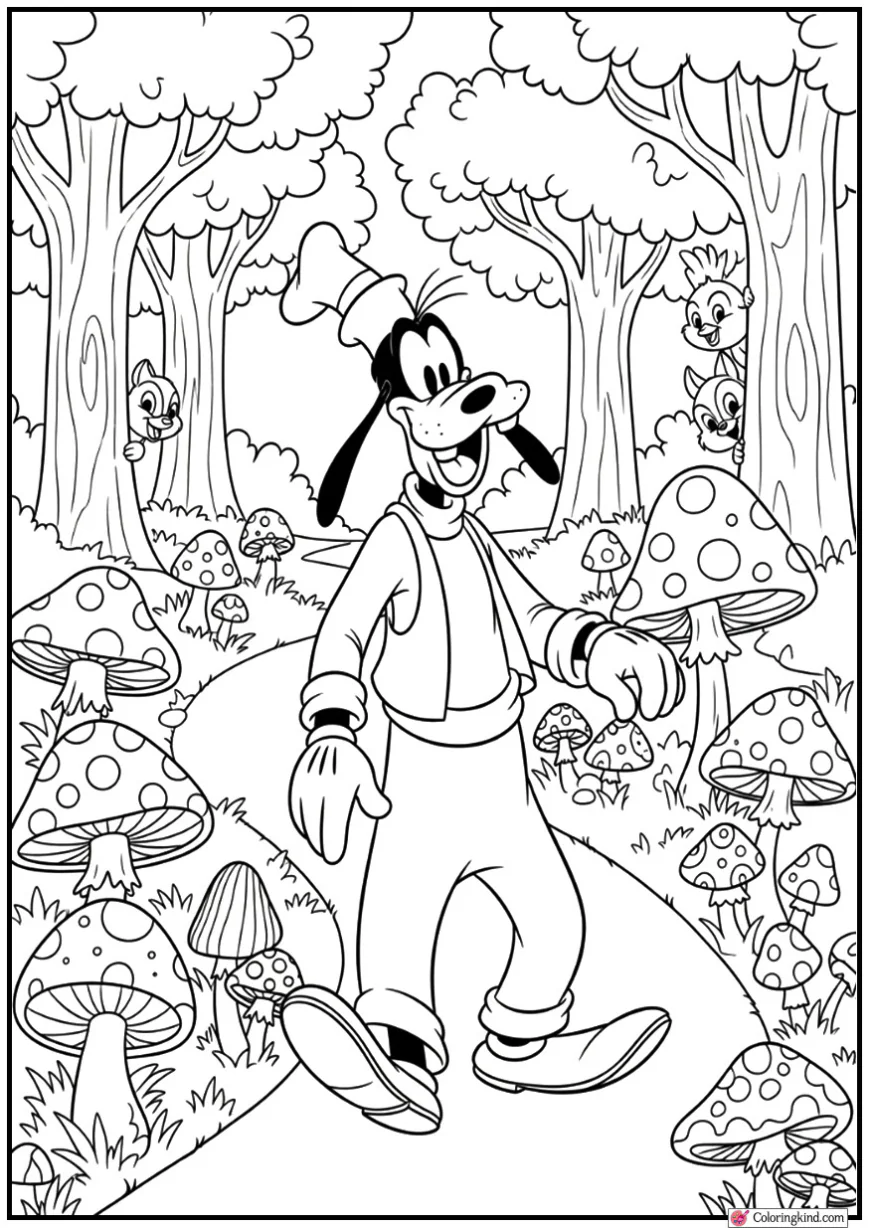Goofy Exploring a Forest Path with Mushrooms