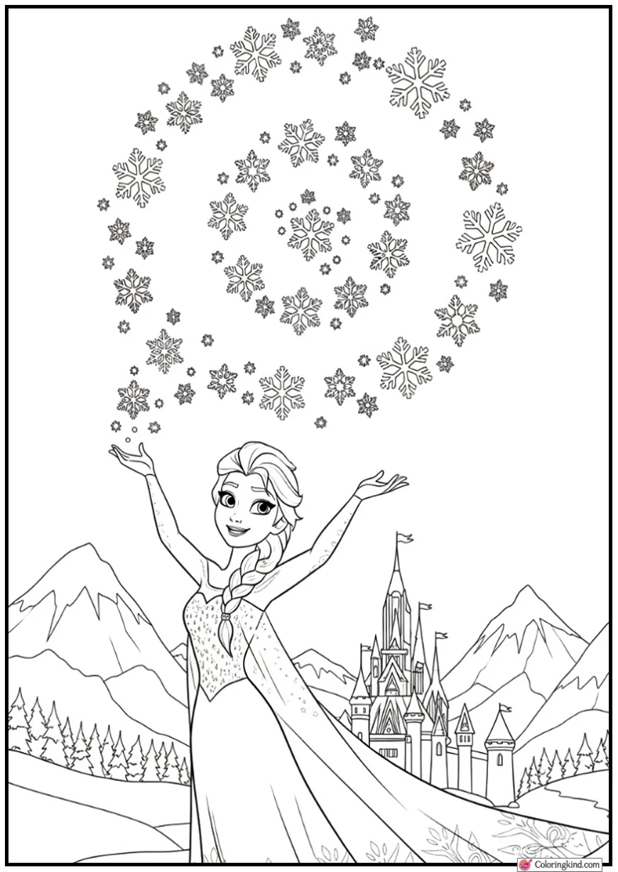 Elsa Creating a Snowflake Spiral Above Arendelle