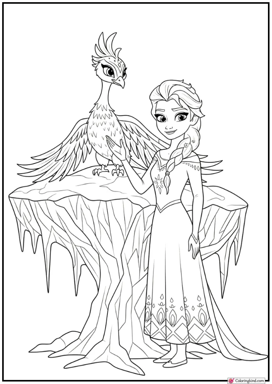 Elsa with a Snow Phoenix Perched on an Ice Tree