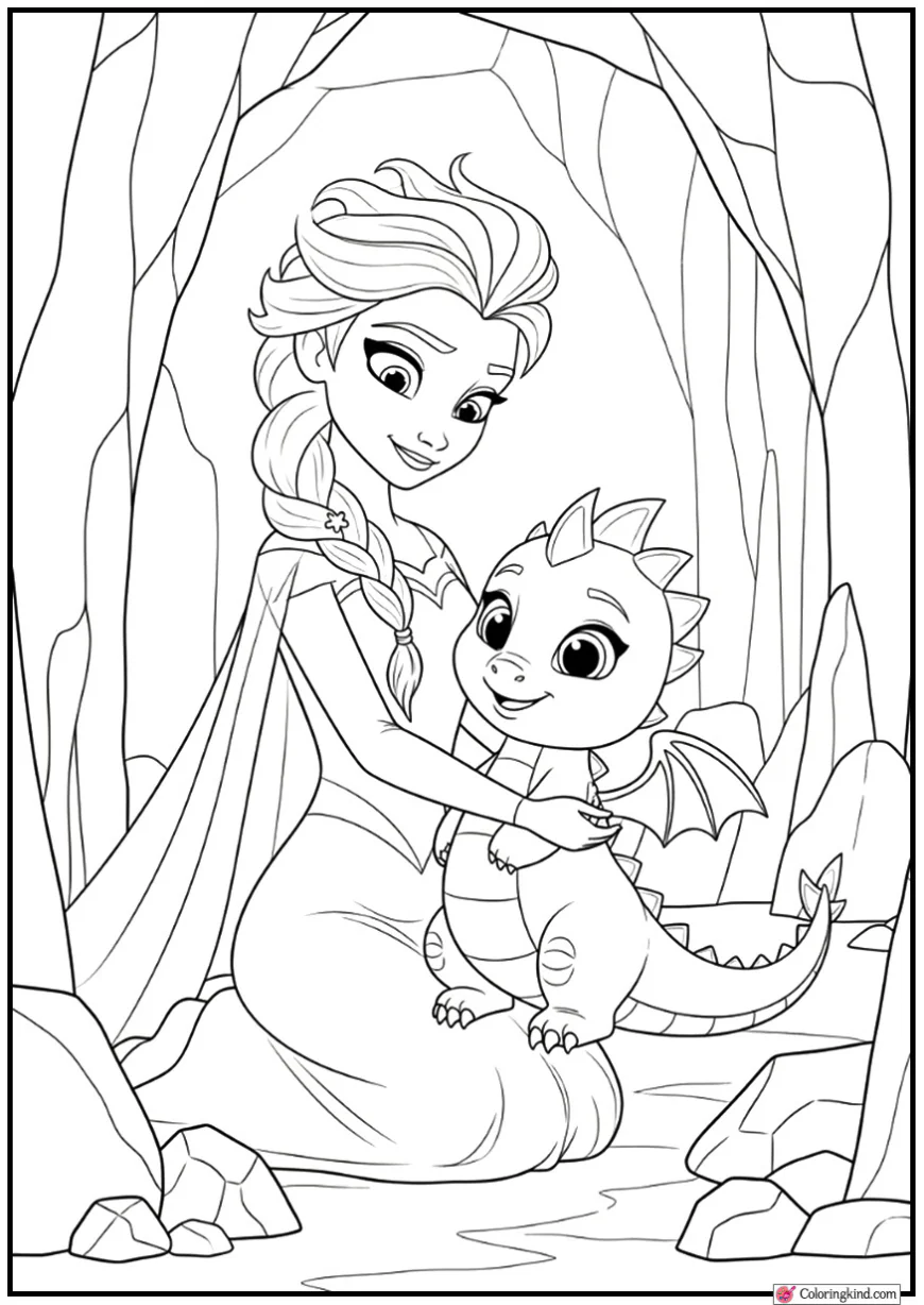 Elsa and a Baby Ice Dragon in a Frozen Cave