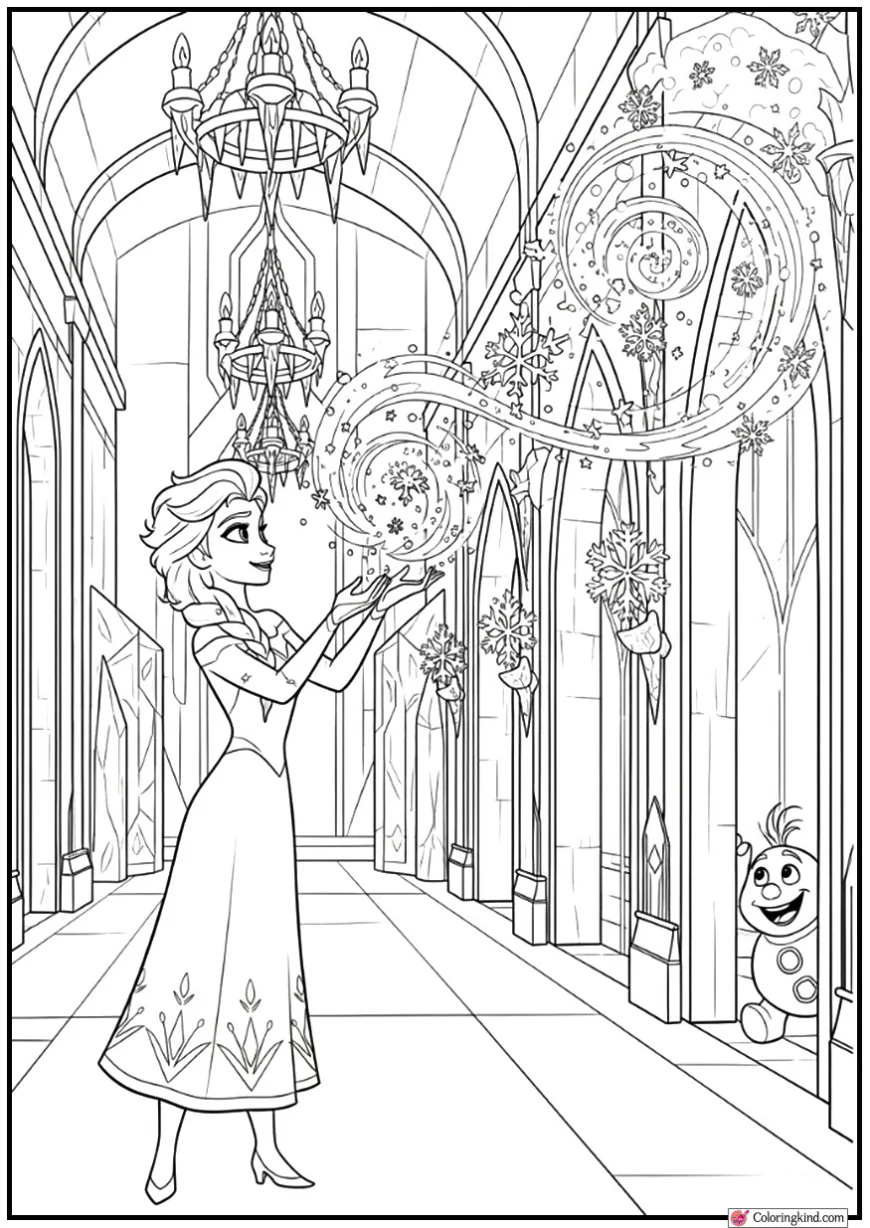 Elsa Decorating an Ice Palace Hallway with Magic