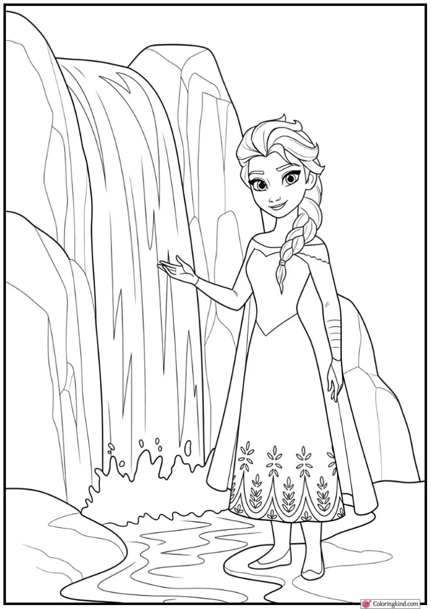 Elsa Standing Beside a Waterfall Turning Into Ice