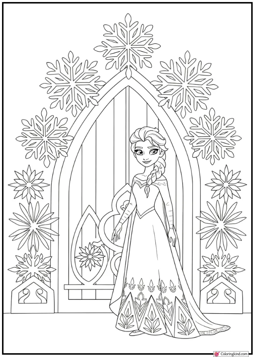 Elsa Standing Beside a Giant Snowflake Gate
