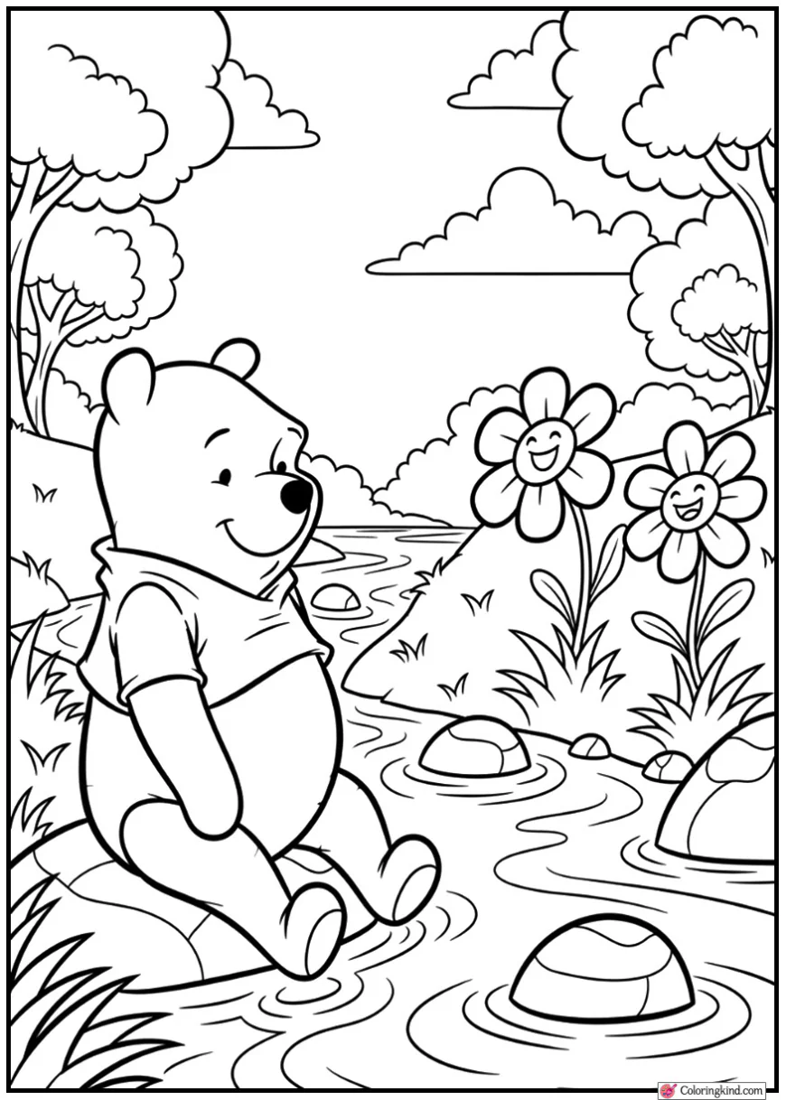 Winnie the Pooh Sitting by Stream
