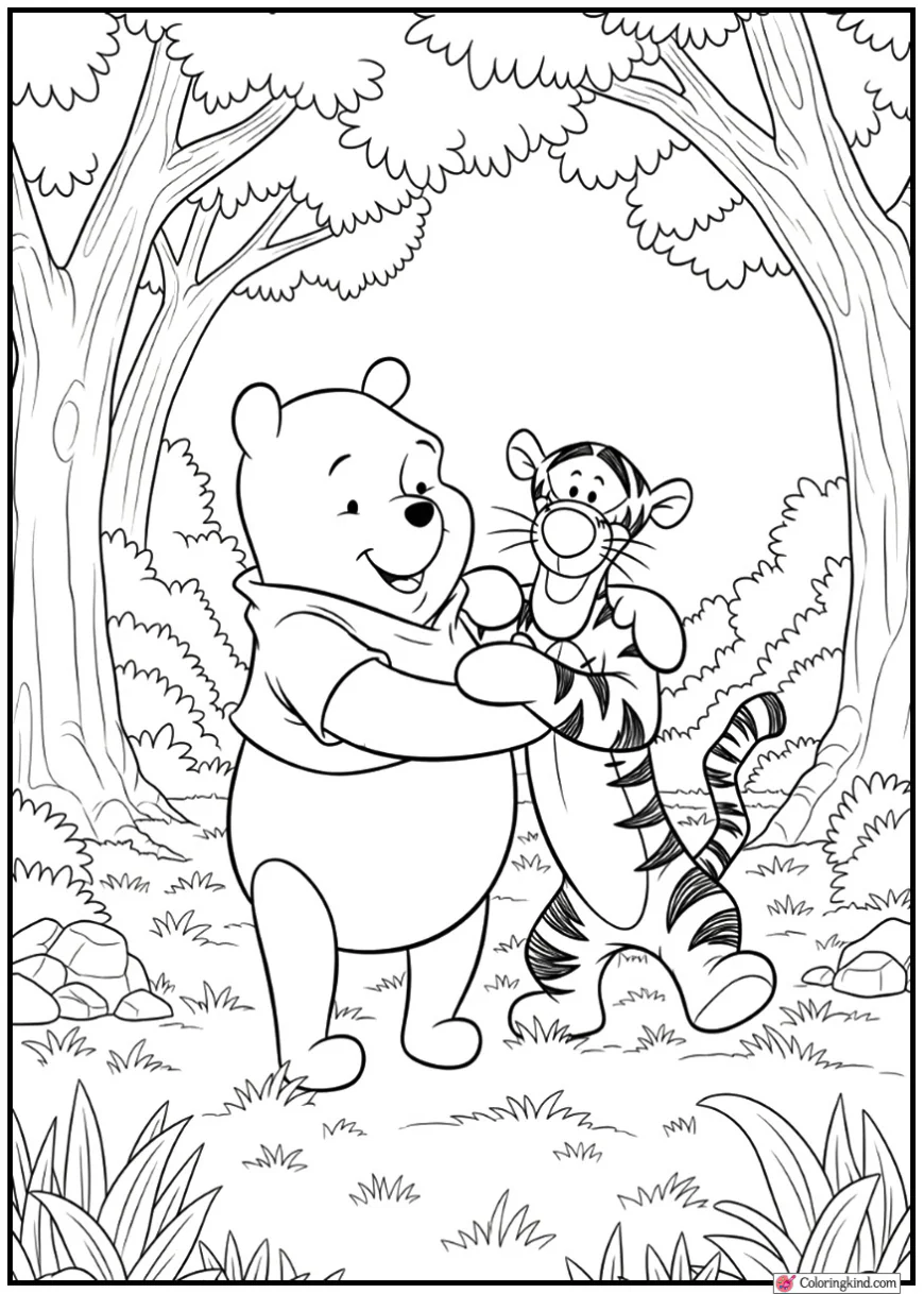 Winnie the Pooh and Tigger Playing in Forest