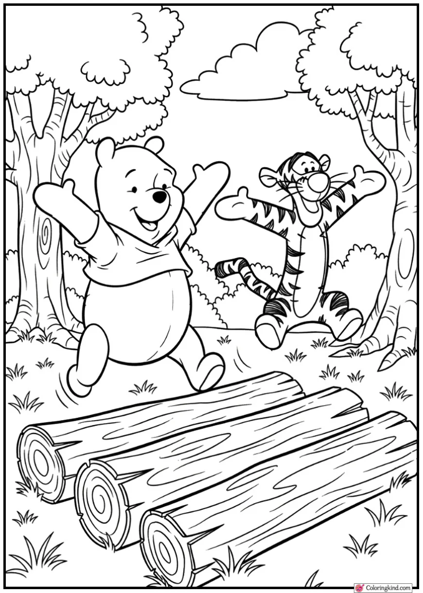 Winnie the Pooh and Tigger Jumping Over Logs