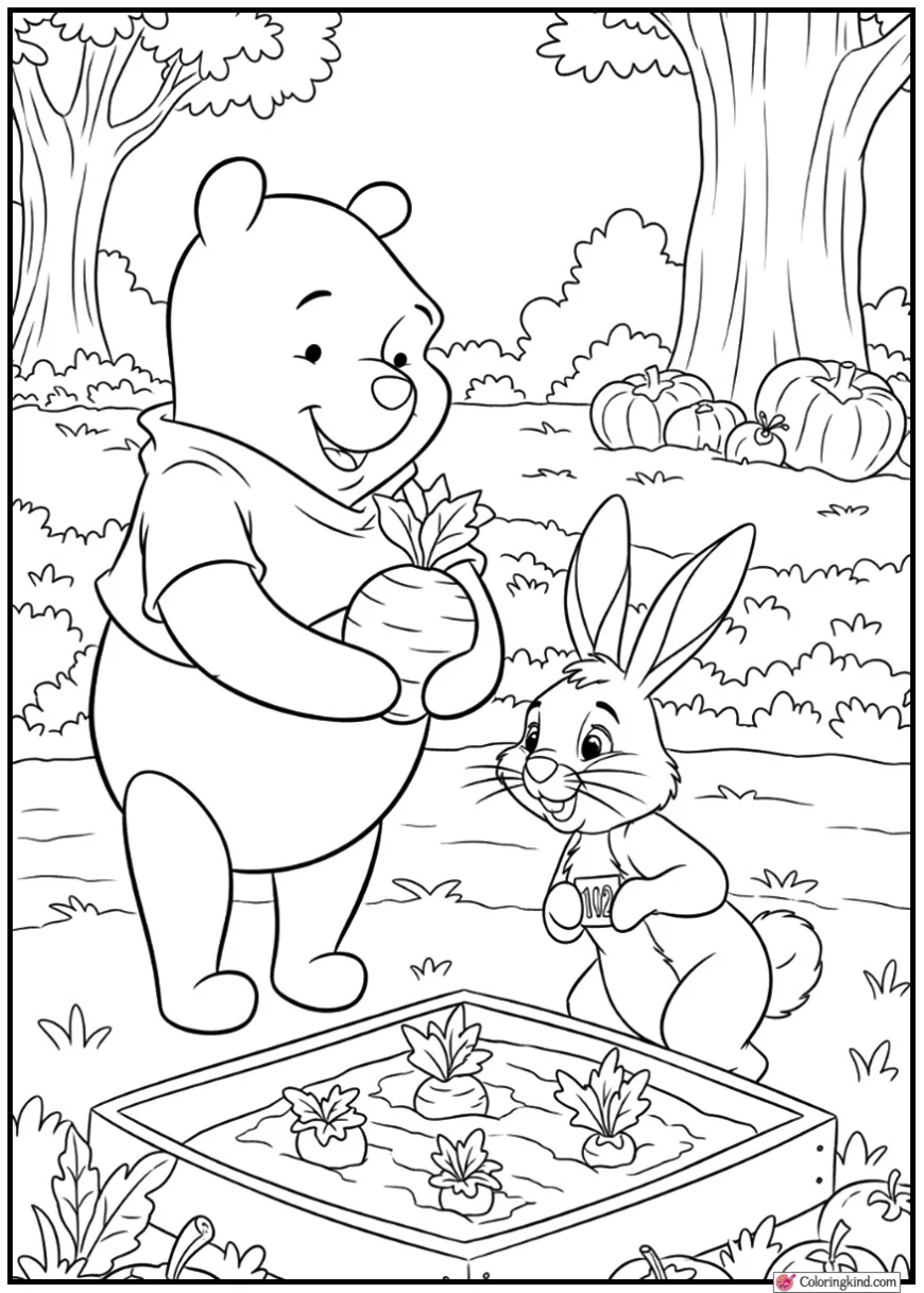 Winnie the Pooh and Rabbit in Garden with Vegetables