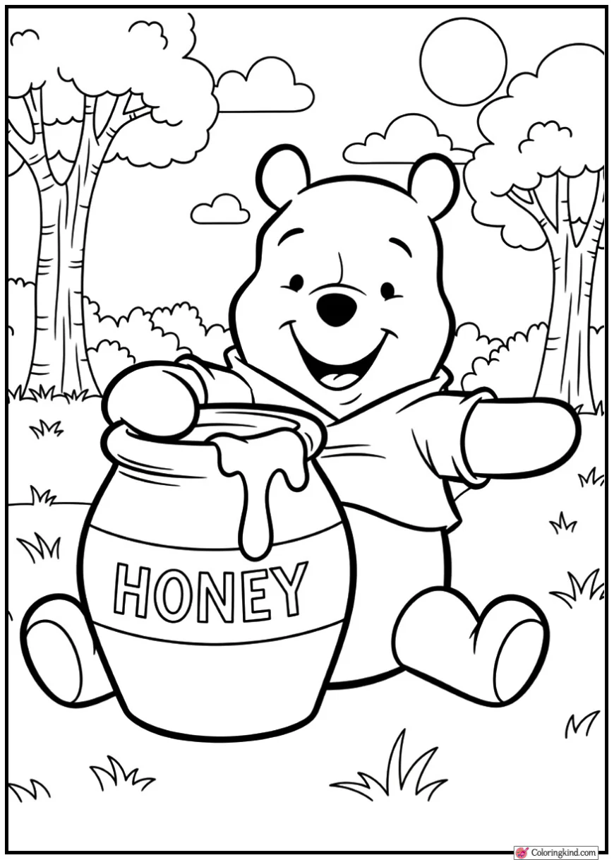 Winnie the Pooh Smiling at His Honey Pot