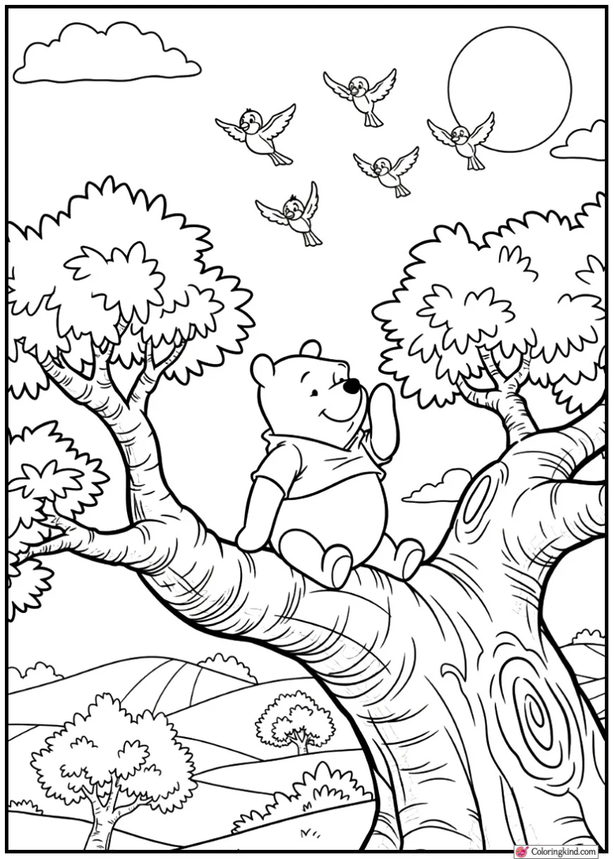 Winnie the Pooh Watching Birds Fly Over Trees