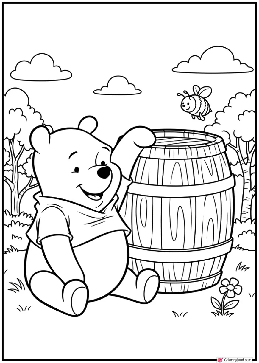 Winnie the Pooh Sitting Near Wooden Barrel
