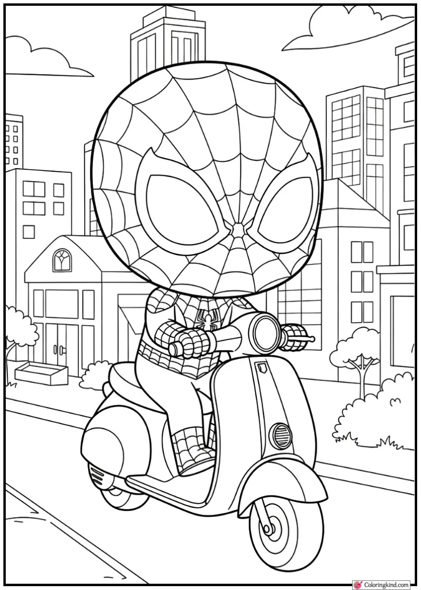 Chibi Spider-Man riding a scooter in the city