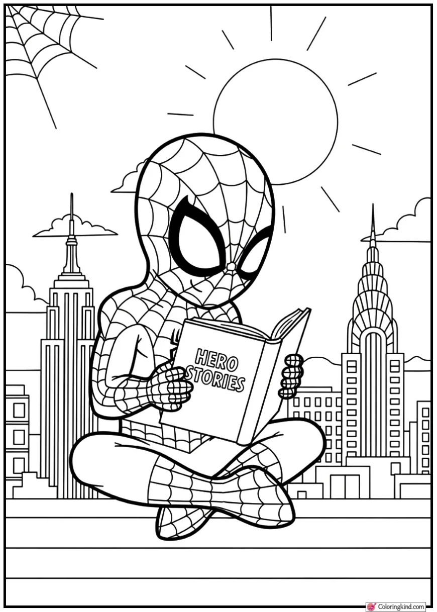Spider-Man reading a book on a rooftop