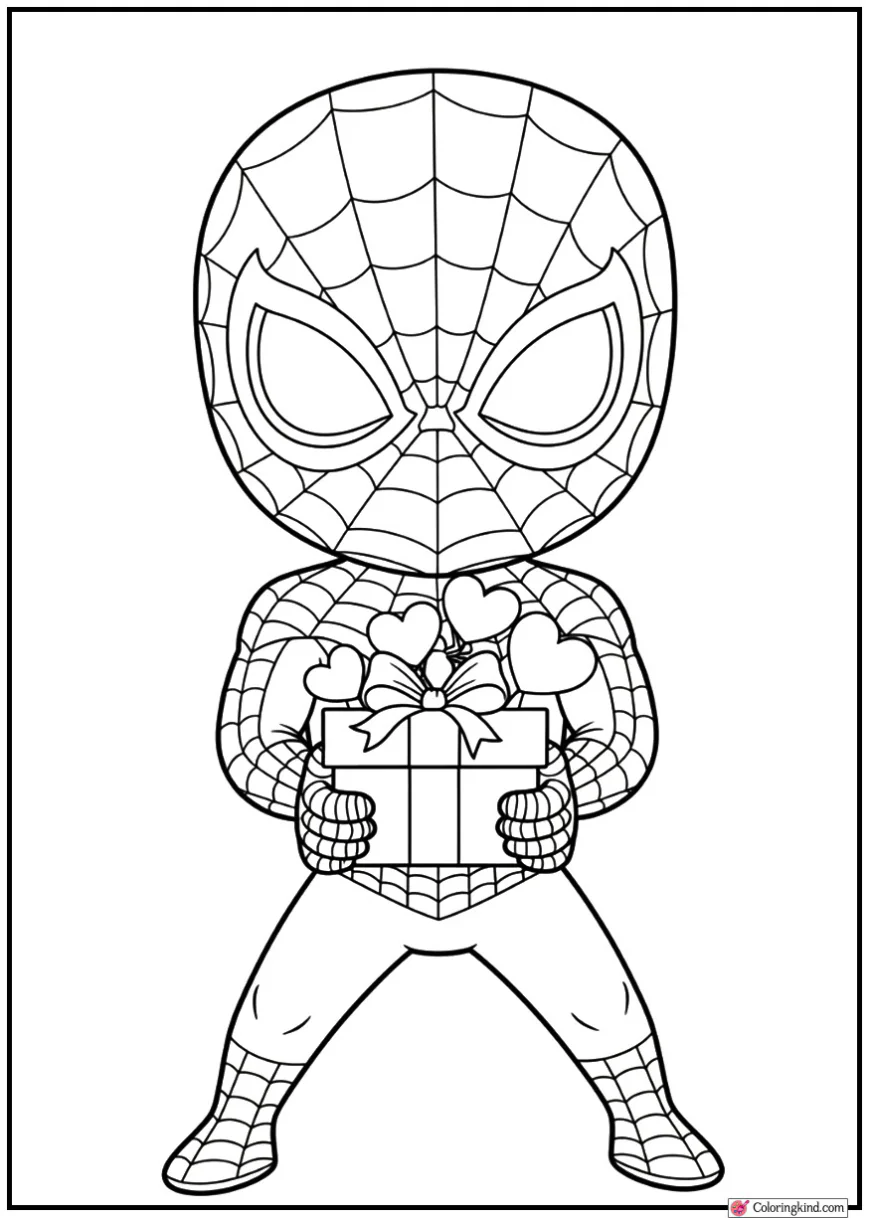 Spider-Man holding a gift box with hearts
