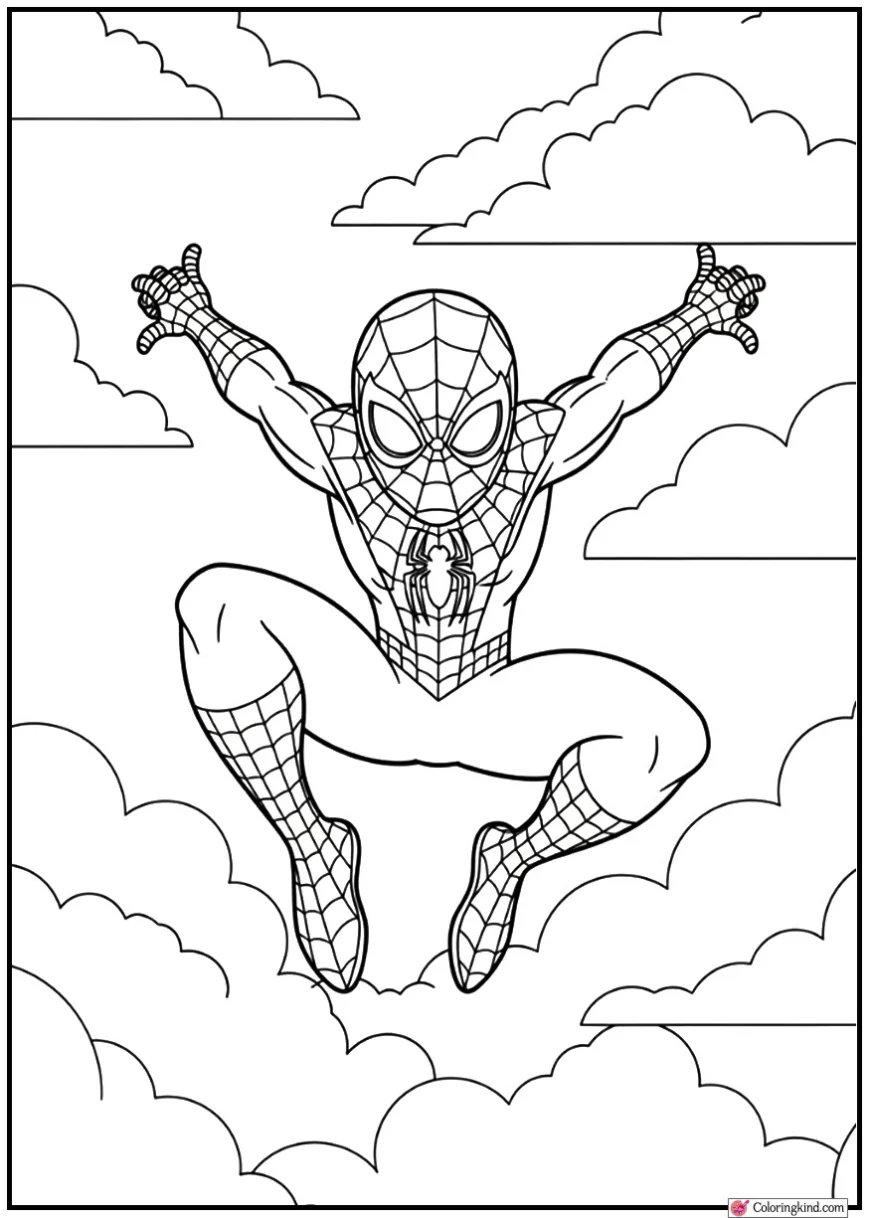 Spider-Man jumping through fluffy clouds