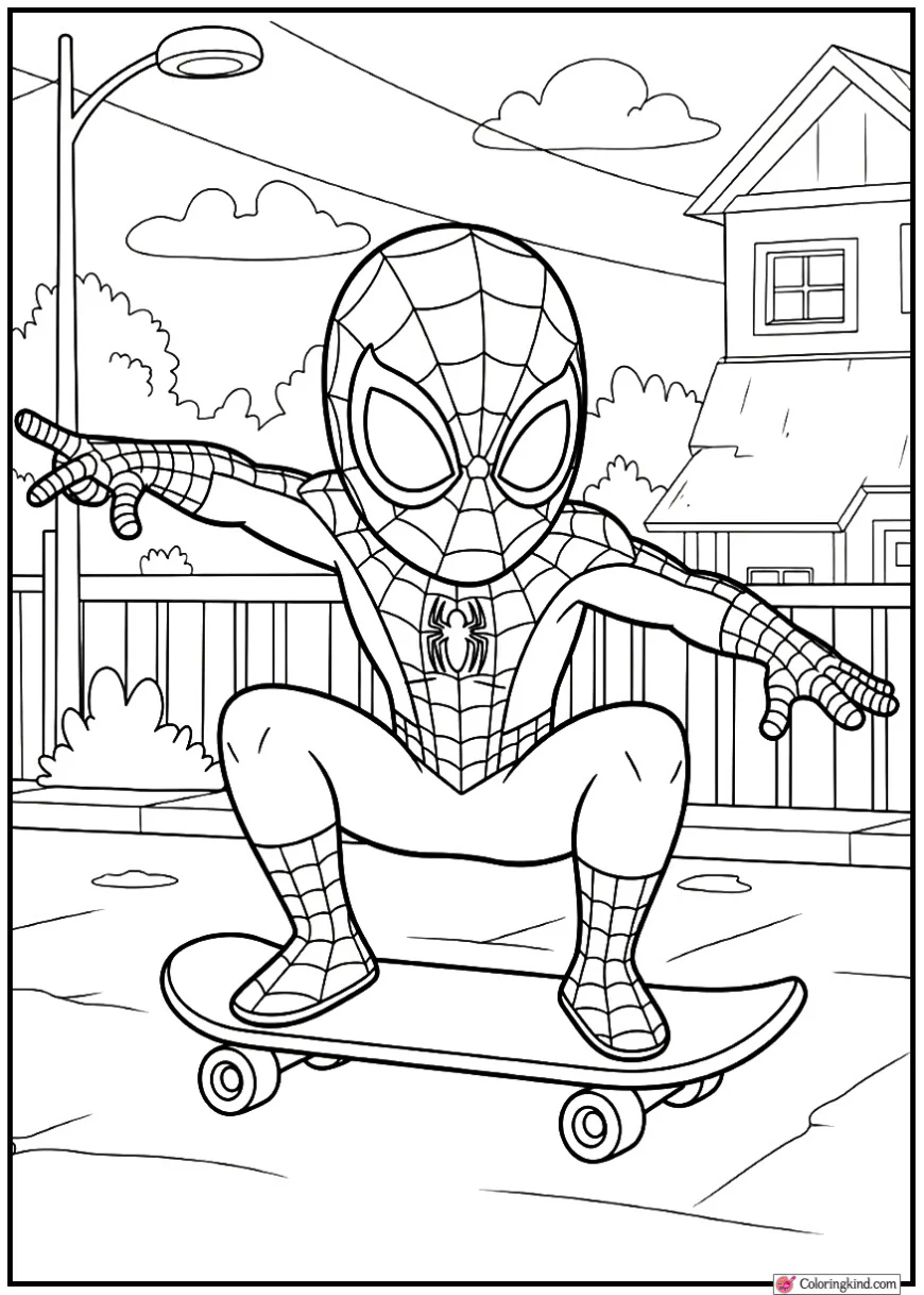 Spider-Man riding a skateboard in a simple street scene