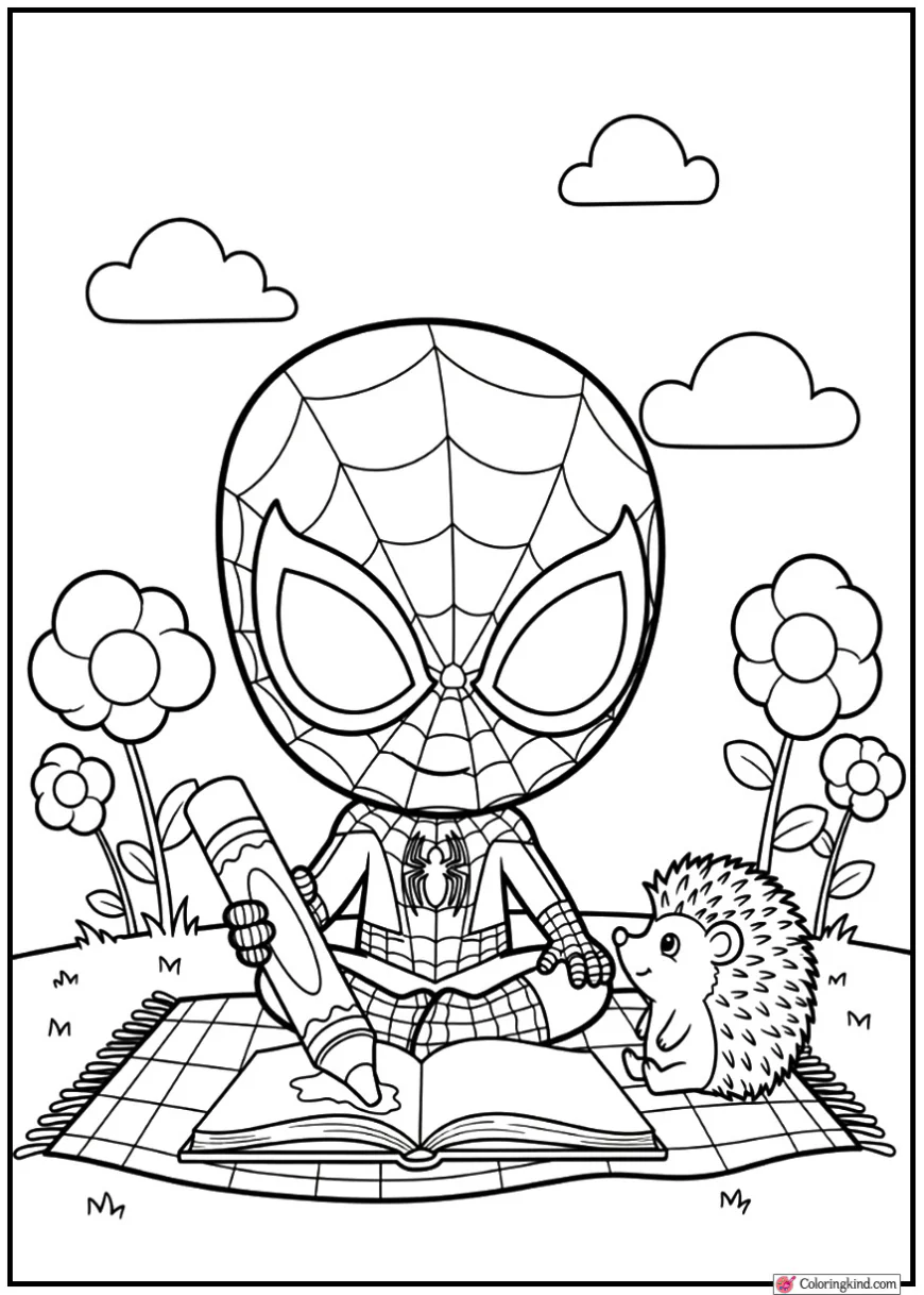 Chibi Spider-Man sitting with a hedgehog