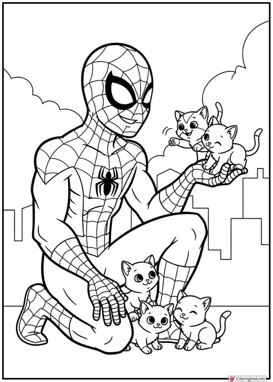 Spider-Man smiling with a group of kittens