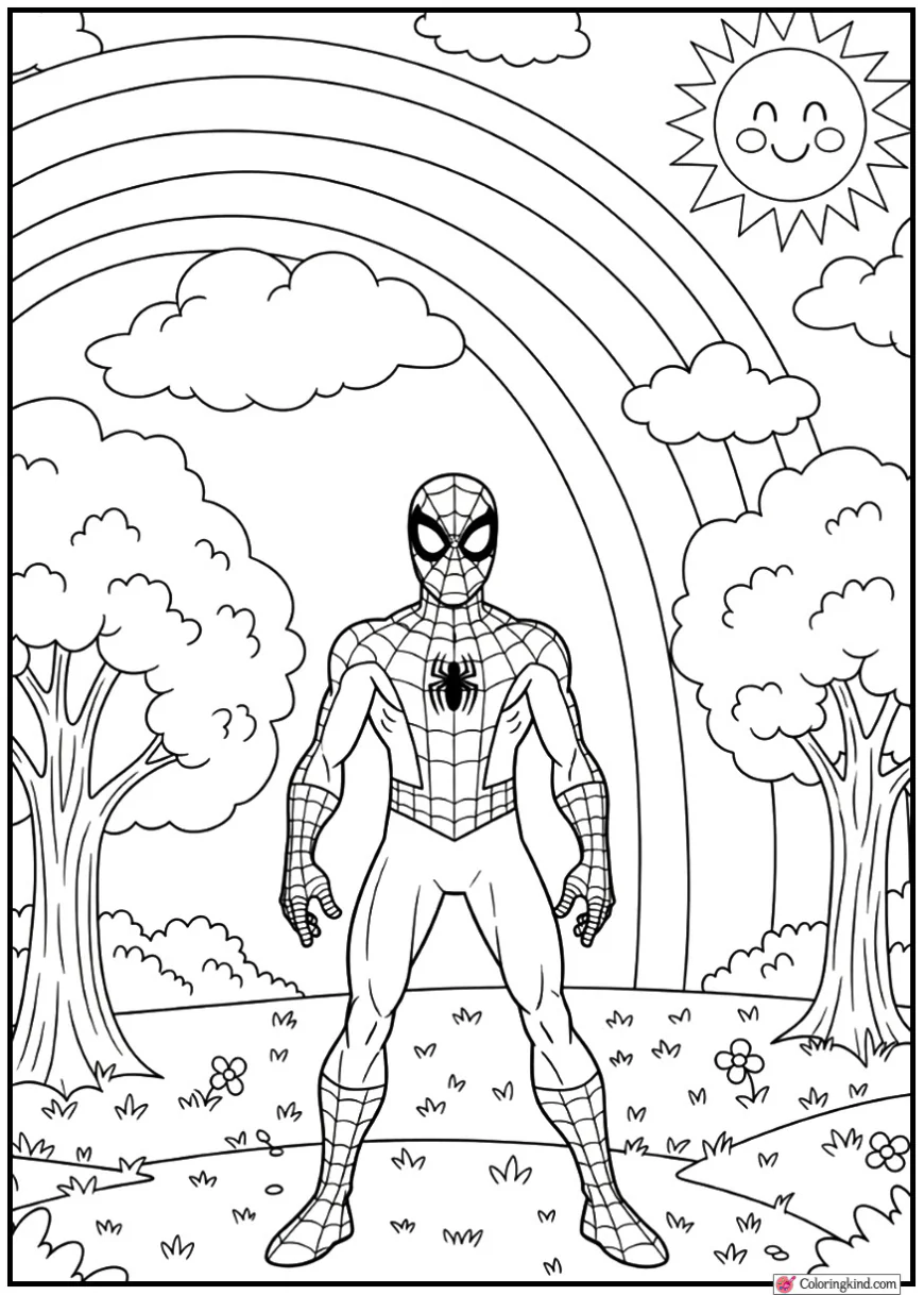 Spider-Man standing under a rainbow in a park