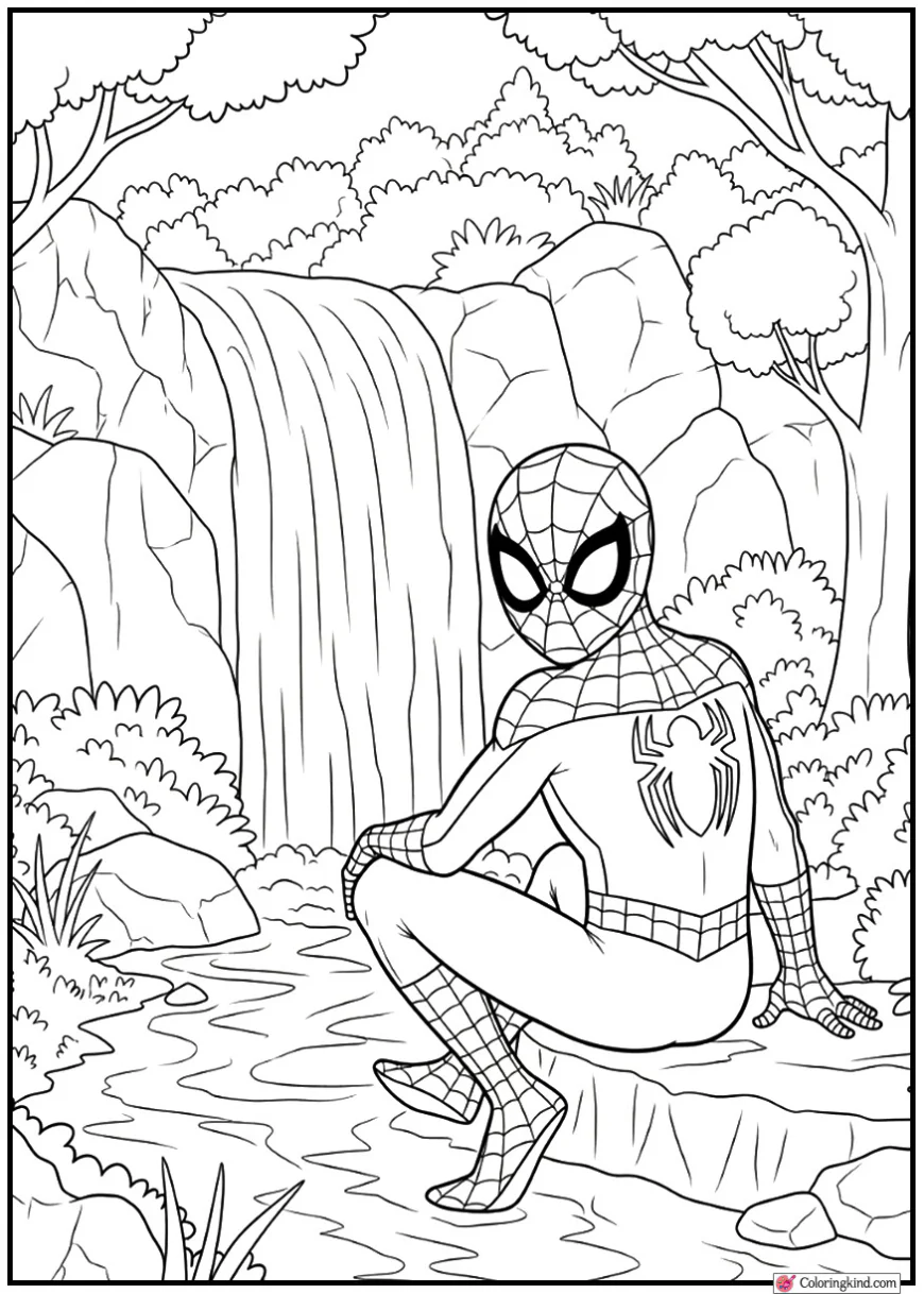 Spider-Man resting near a waterfall