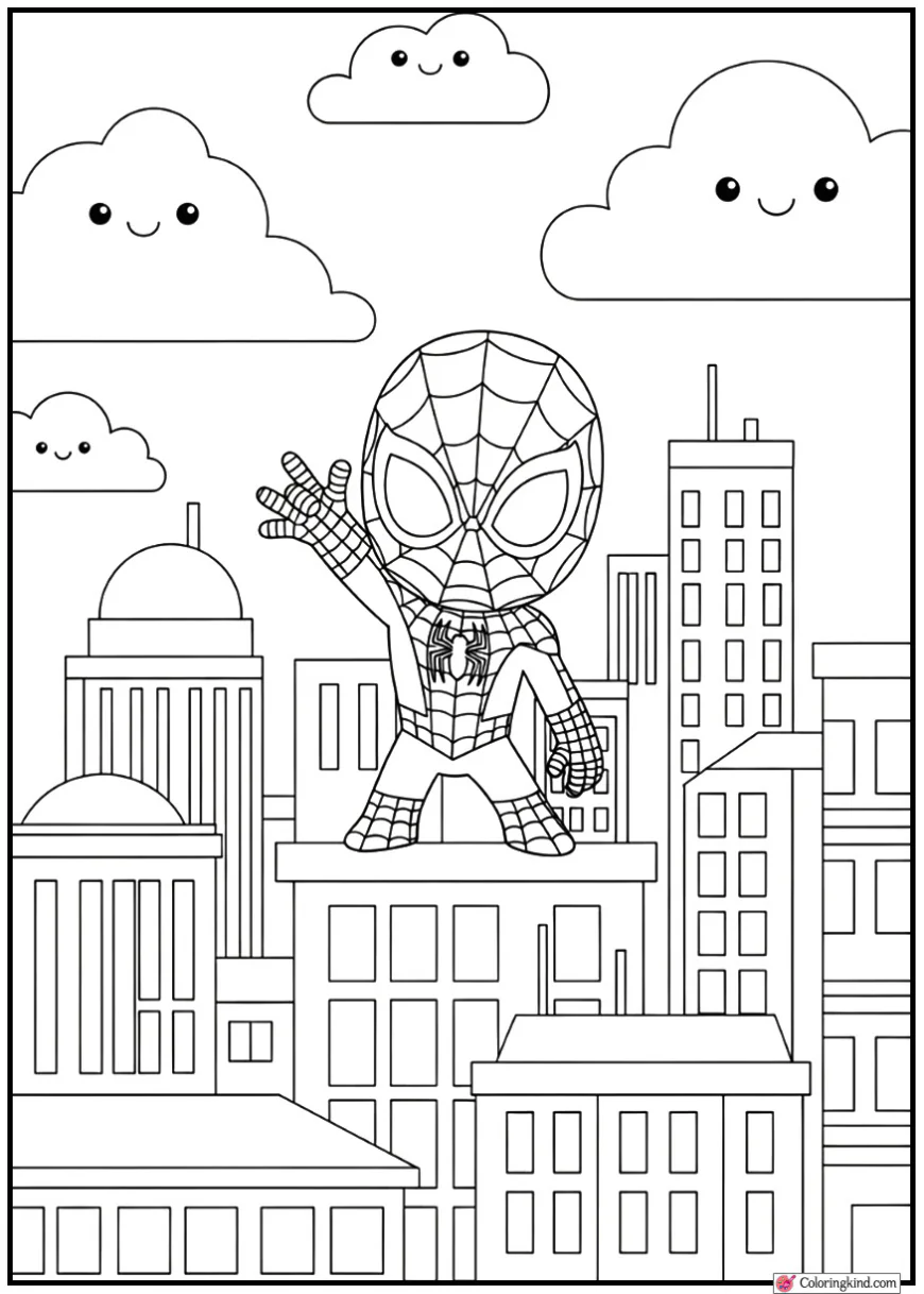Spider-Man waving from a rooftop with smiling clouds