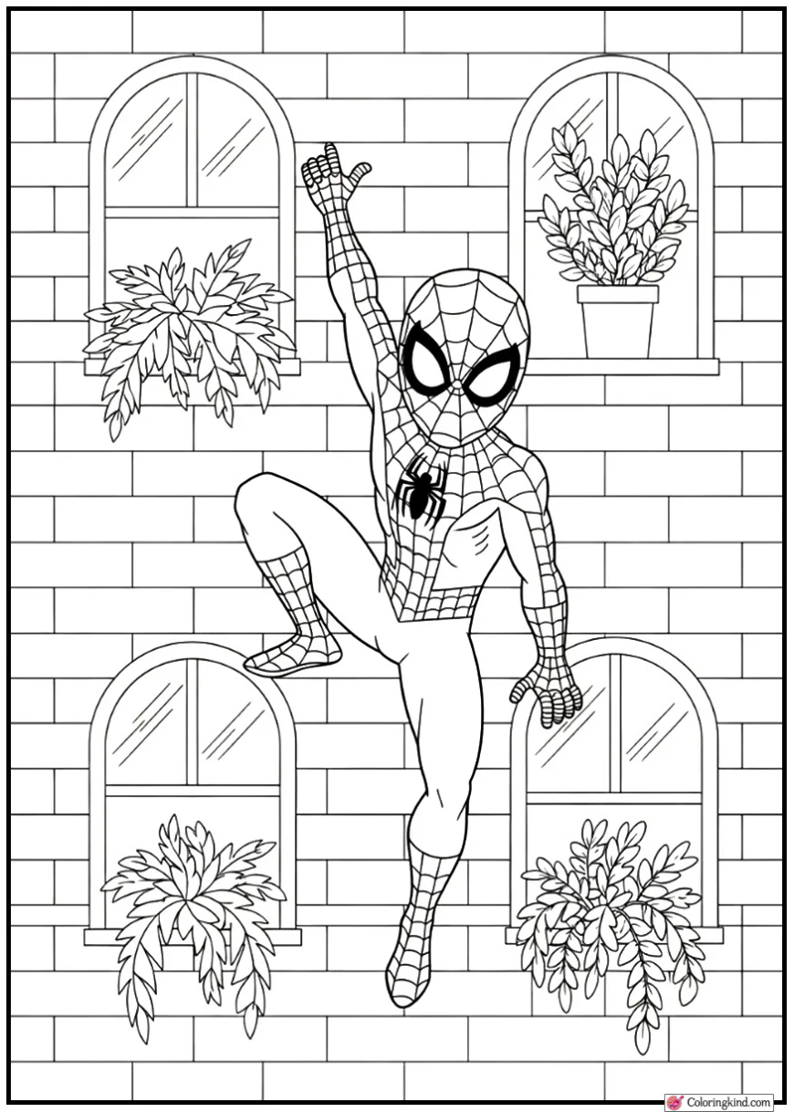 Spider-Man climbing a brick wall