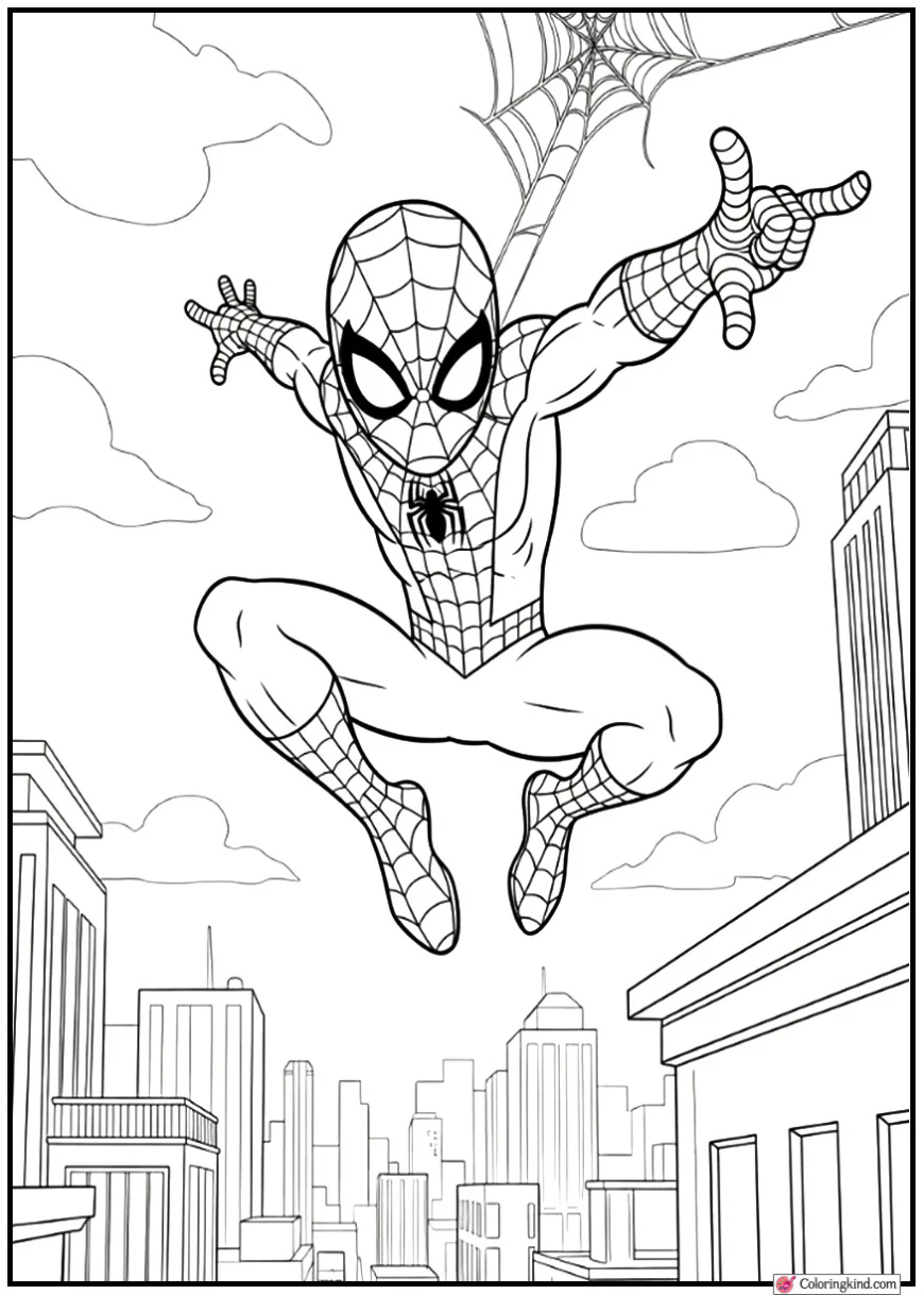 Spider-Man leaping across rooftops as the city stretches below