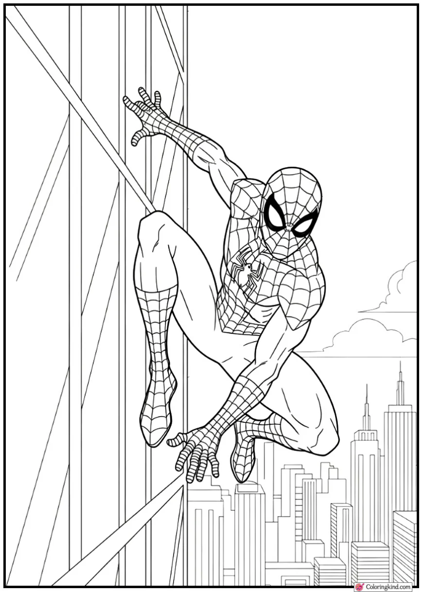 Spider-Man wall-running along a glass skyscraper