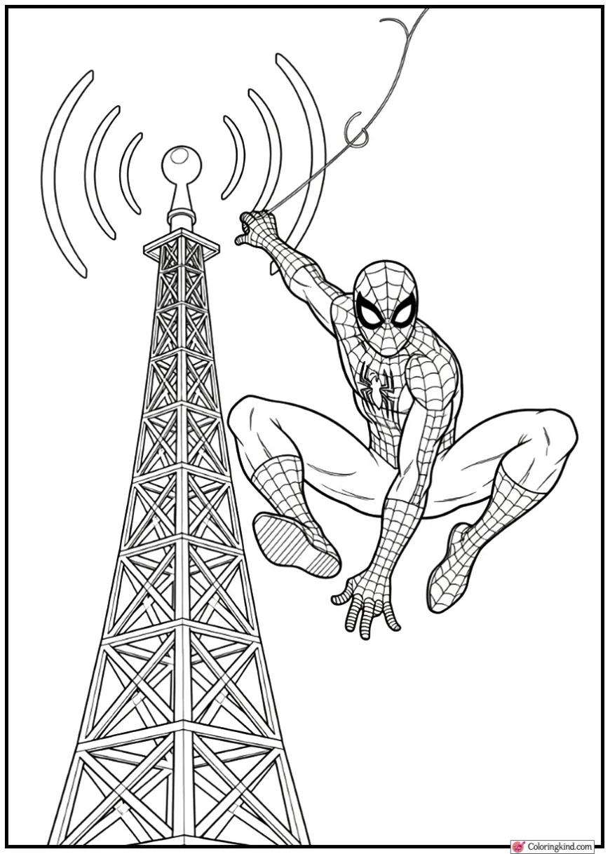 Spider-Man jumping from a radio tower