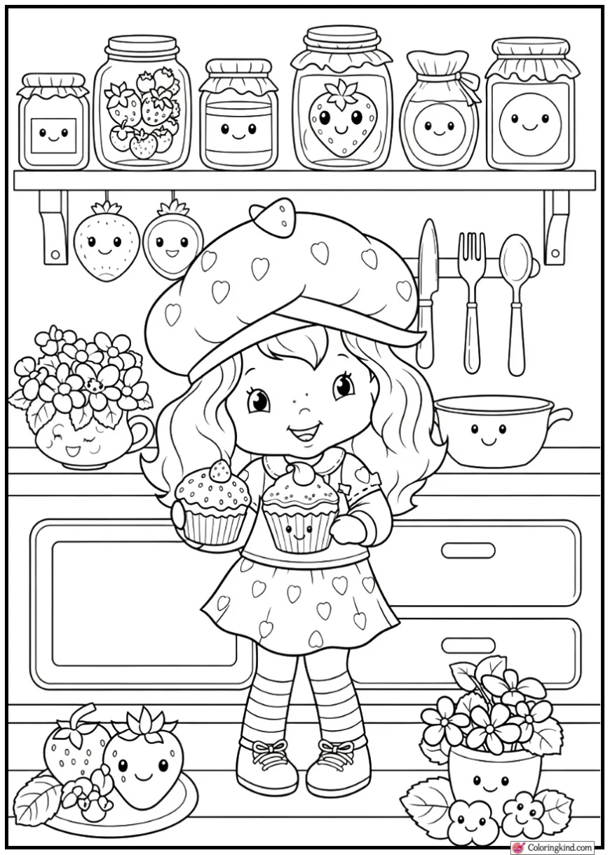 Strawberry Shortcake baking cupcakes in a cozy berry kitchen