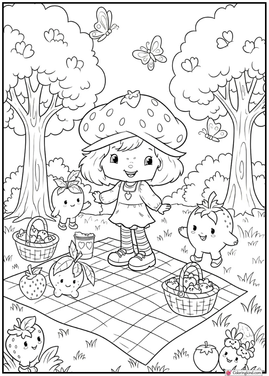Strawberry Shortcake having a picnic with cute fruit friends