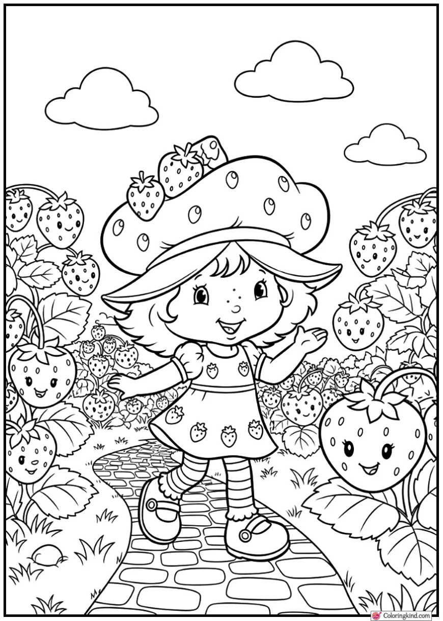 Strawberry Shortcake walking through a strawberry garden