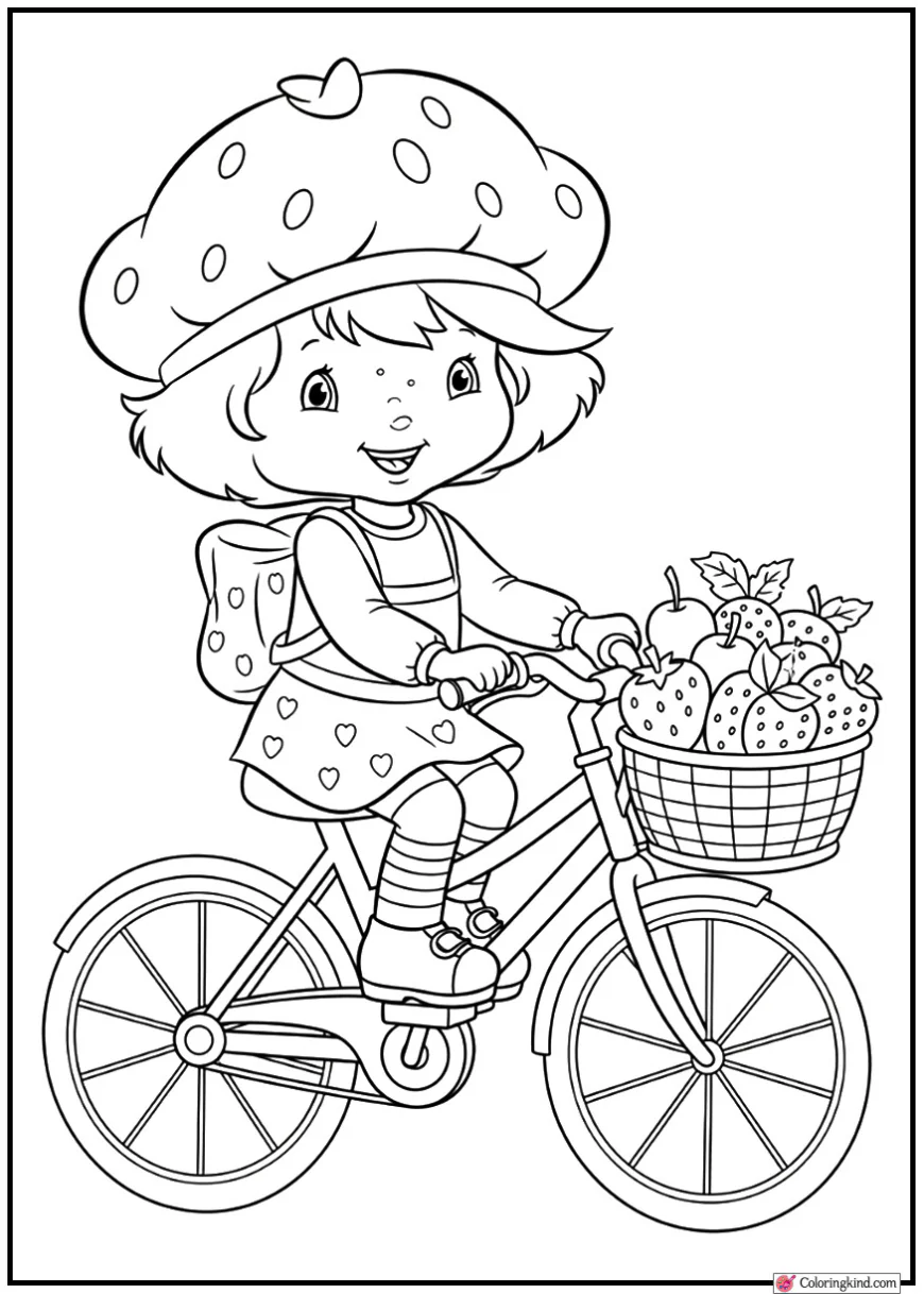 Strawberry Shortcake riding a bicycle with a basket of fruit