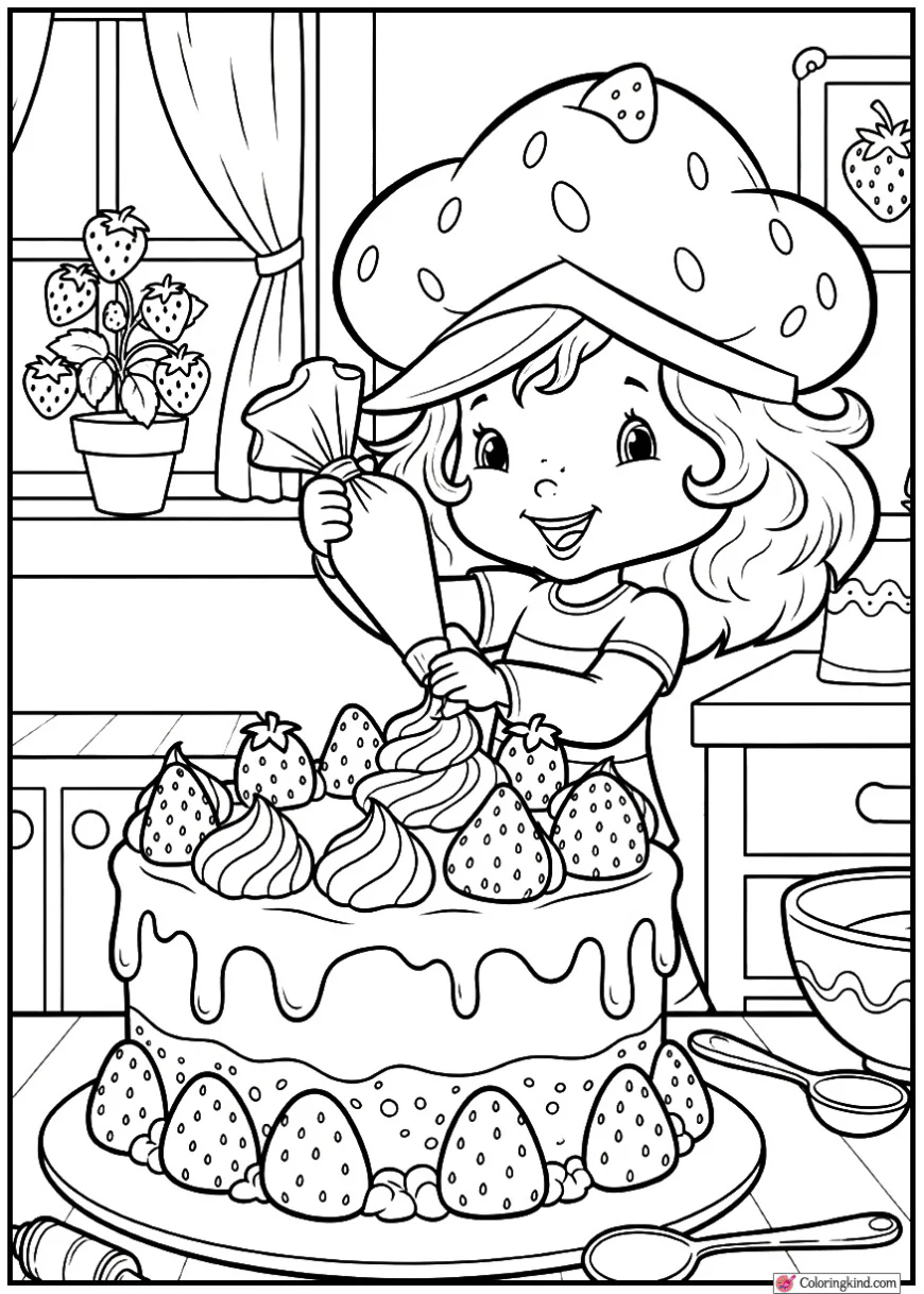 Strawberry Shortcake decorating a giant strawberry cake