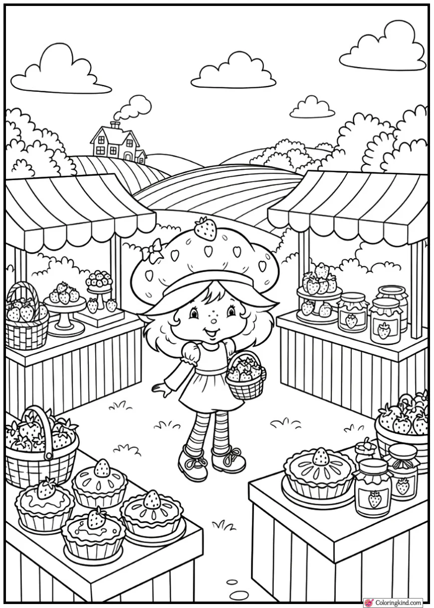 Strawberry Shortcake at a strawberry market with stalls
