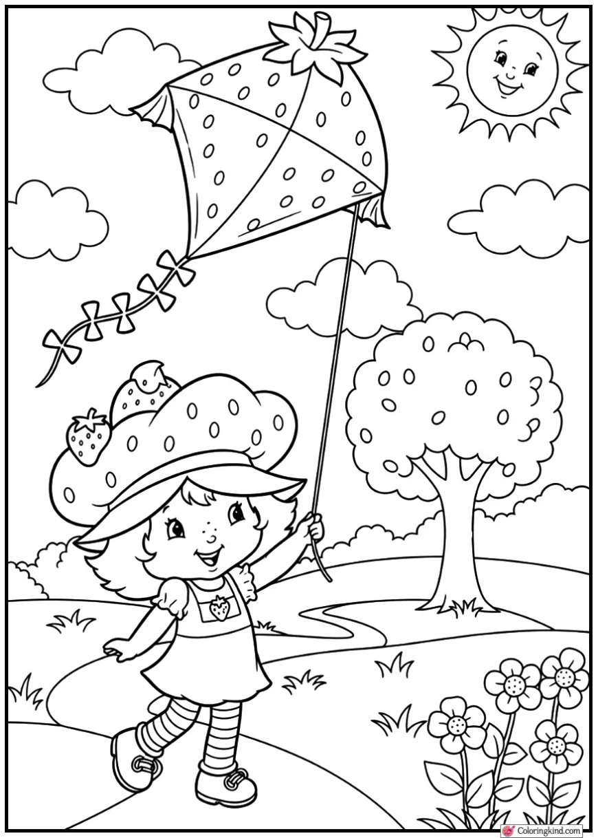 Strawberry Shortcake flying a kite in a cute park