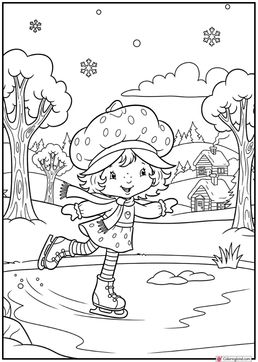 Strawberry Shortcake ice skating on a frozen