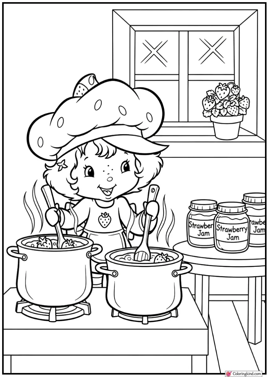 Strawberry Shortcake making jam with pots