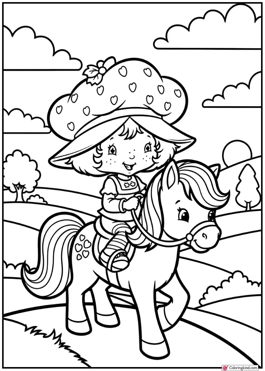 Strawberry Shortcake riding a pony through rolling hill