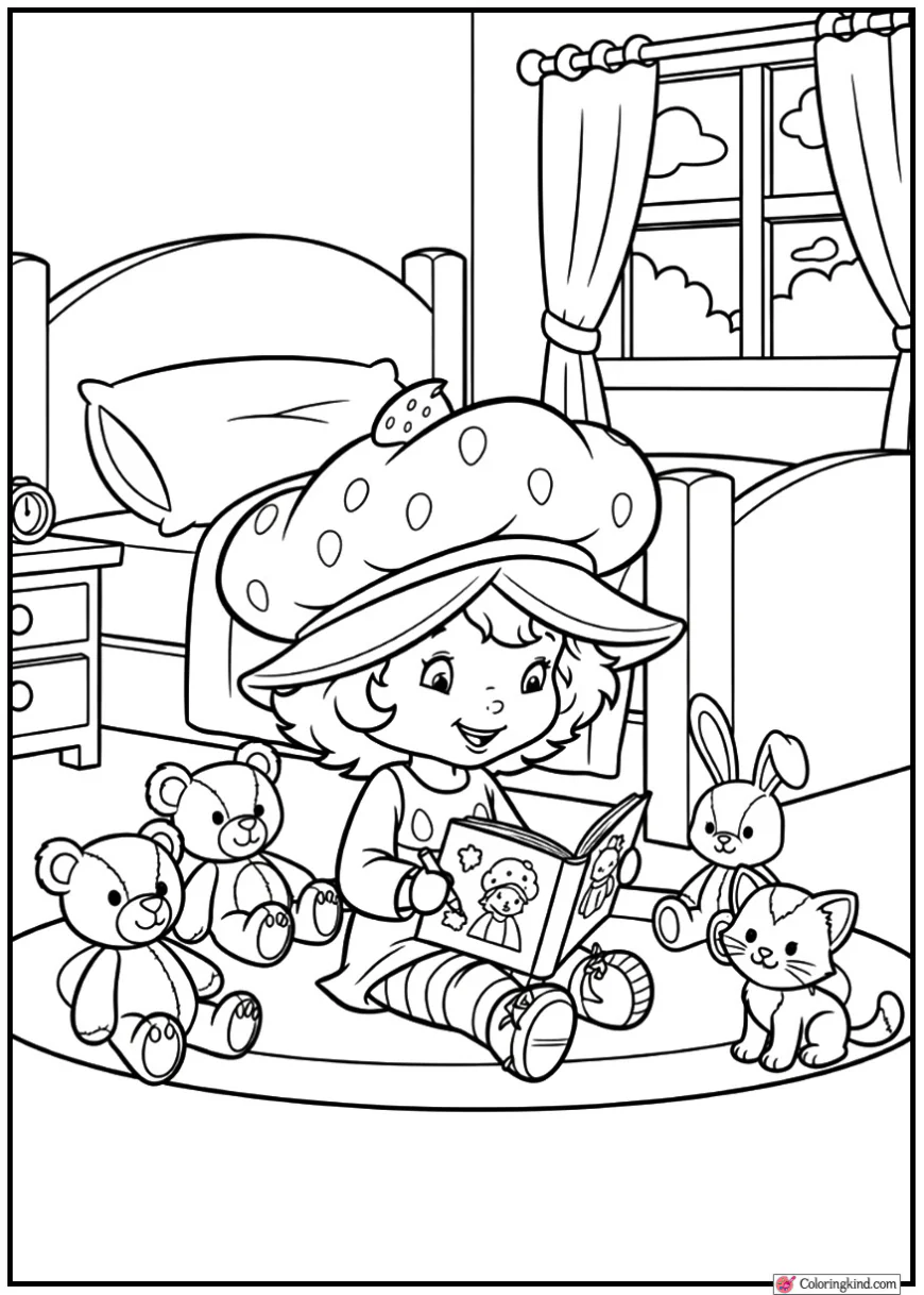 Strawberry Shortcake in a cozy bedroom with plush toys