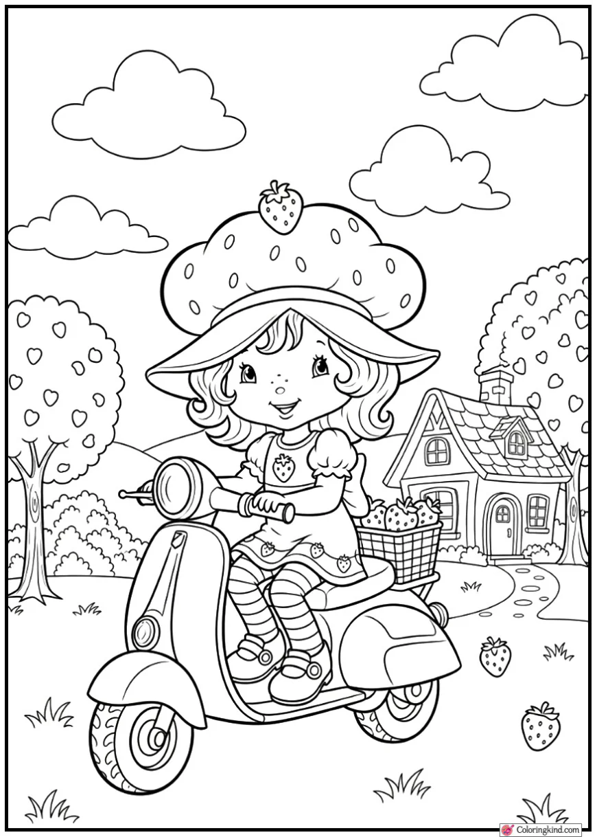 Strawberry Shortcake riding a scooter