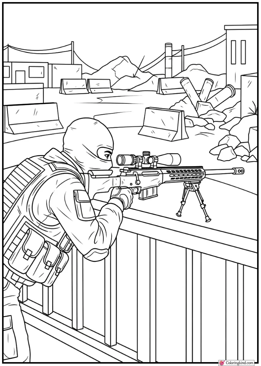 Counter-Terrorist Sniper on Overpass Bridge Watching Bombsite