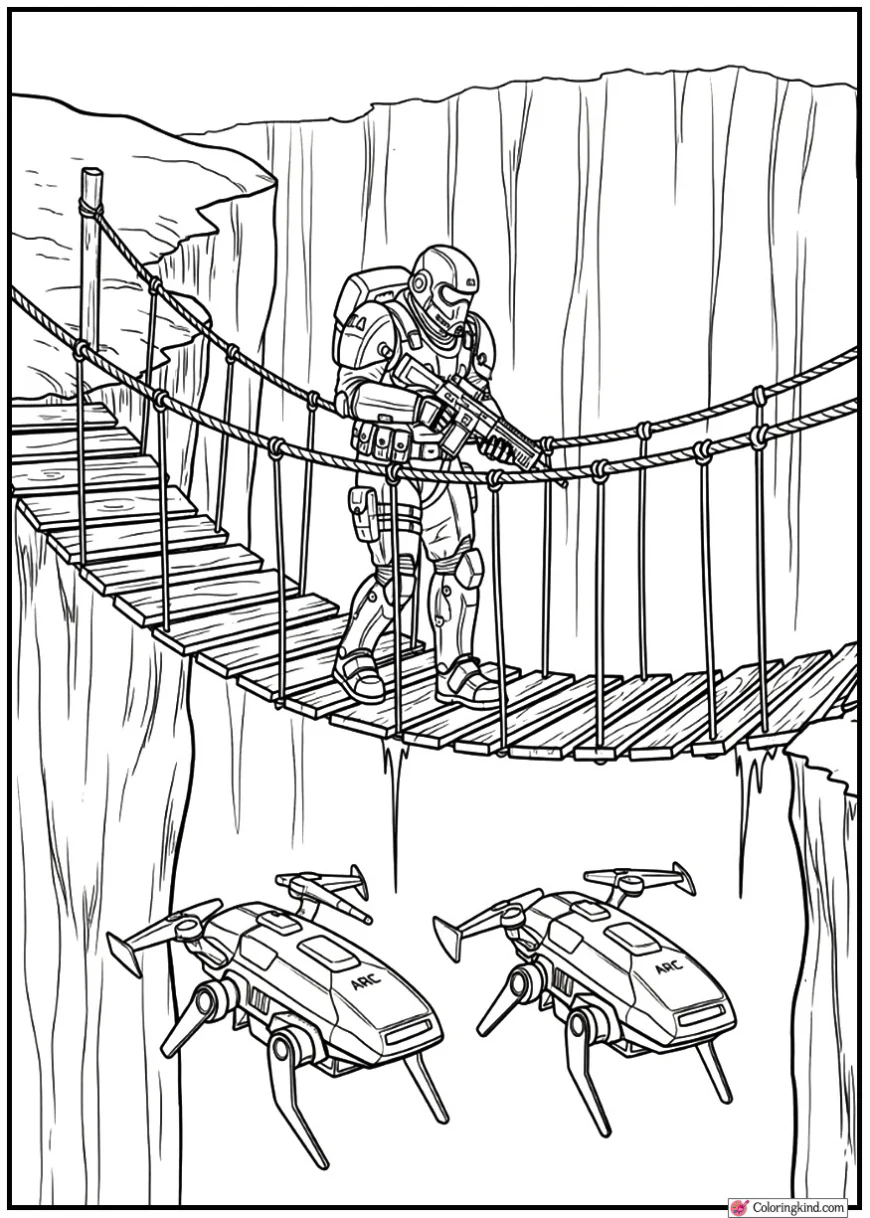 ARC Raider Crossing a Suspended Bridge