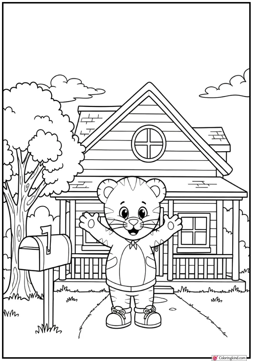 Daniel Tiger Waving on the Front Porch of His Red House
