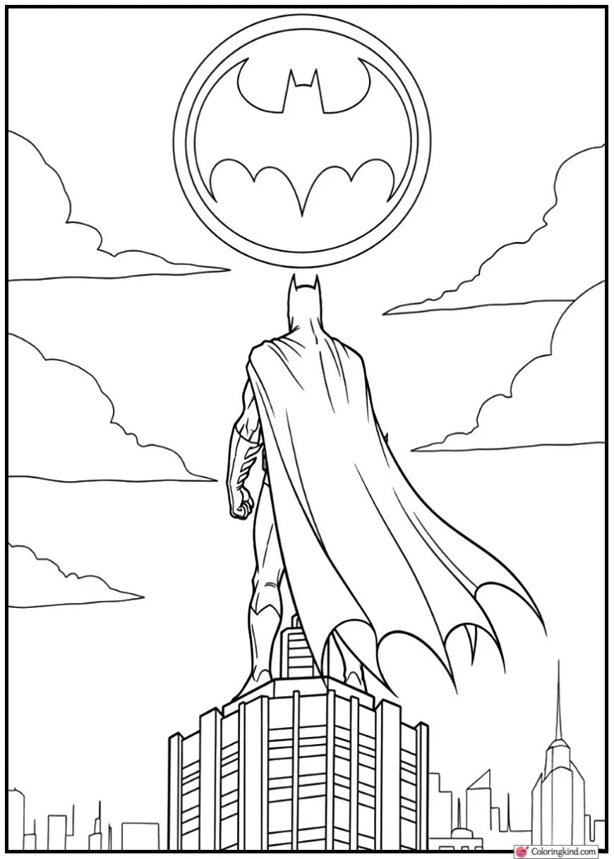 Batman Standing on a Skyscraper with Bat-Signal Glowing