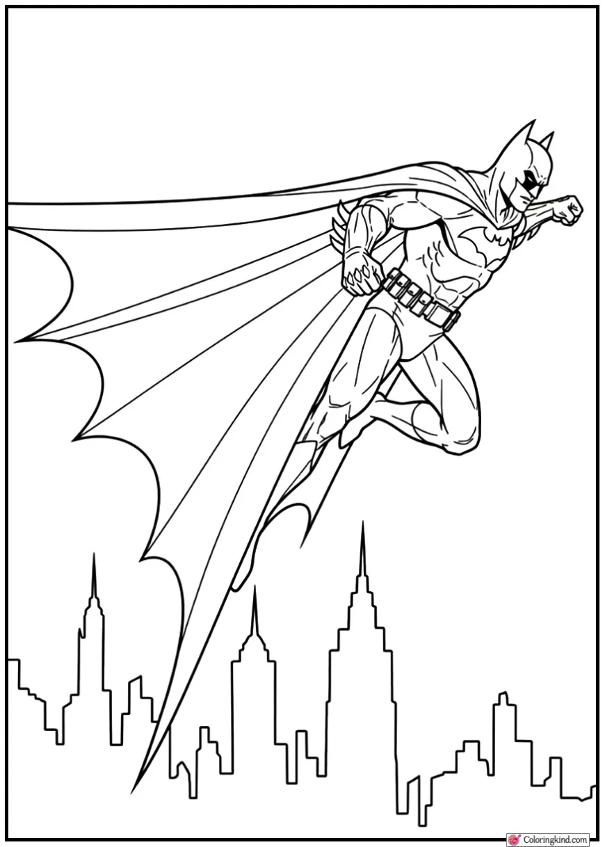 Batman Gliding Over Gotham City with Flowing Cape