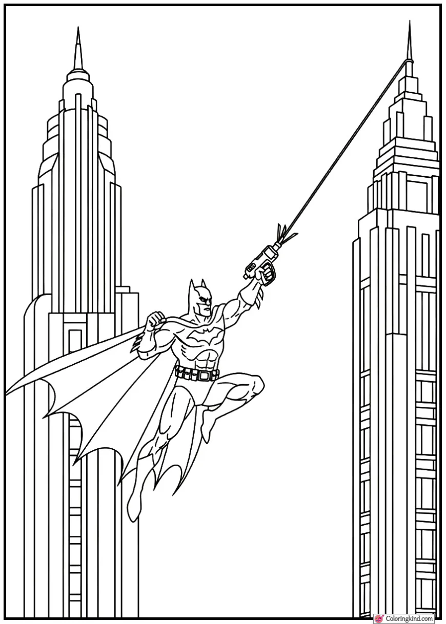 Batman Using Grappling Hook Between Tall Buildings