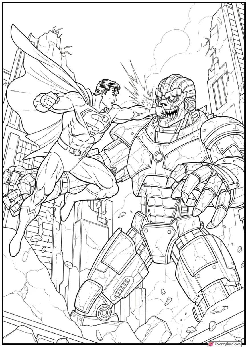 Superman Battling a Giant Robot Among Destroyed Buildings